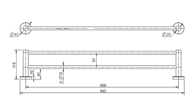 Modern National Mirage Double Towel Rail 900mm technical drawing (MIR80BK)
