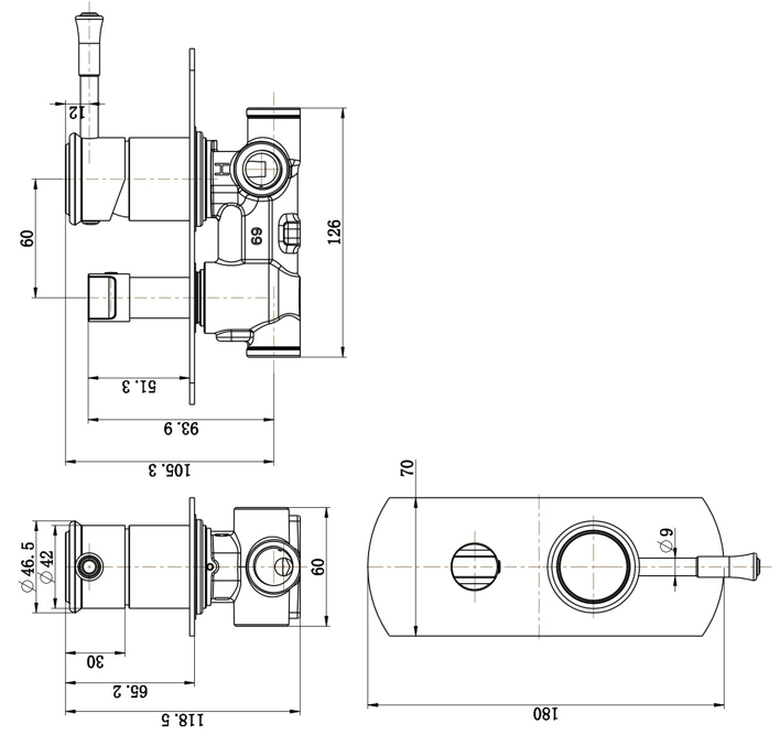 Modern National Montpellier Shower Diverter Mixer technical drawing (MON009BK)