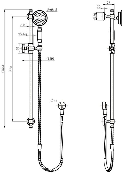 Modern National Montpellier Rail Shower technical drawing (MON014BK)