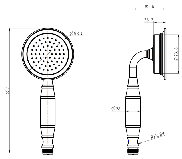 Modern National Montpellier Handpiece technical drawing (MON015BK)