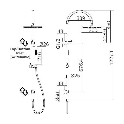 Nero Zen SS316L Twin Shower With Outdoor Shower Hose technical drawing (NR162205C01)