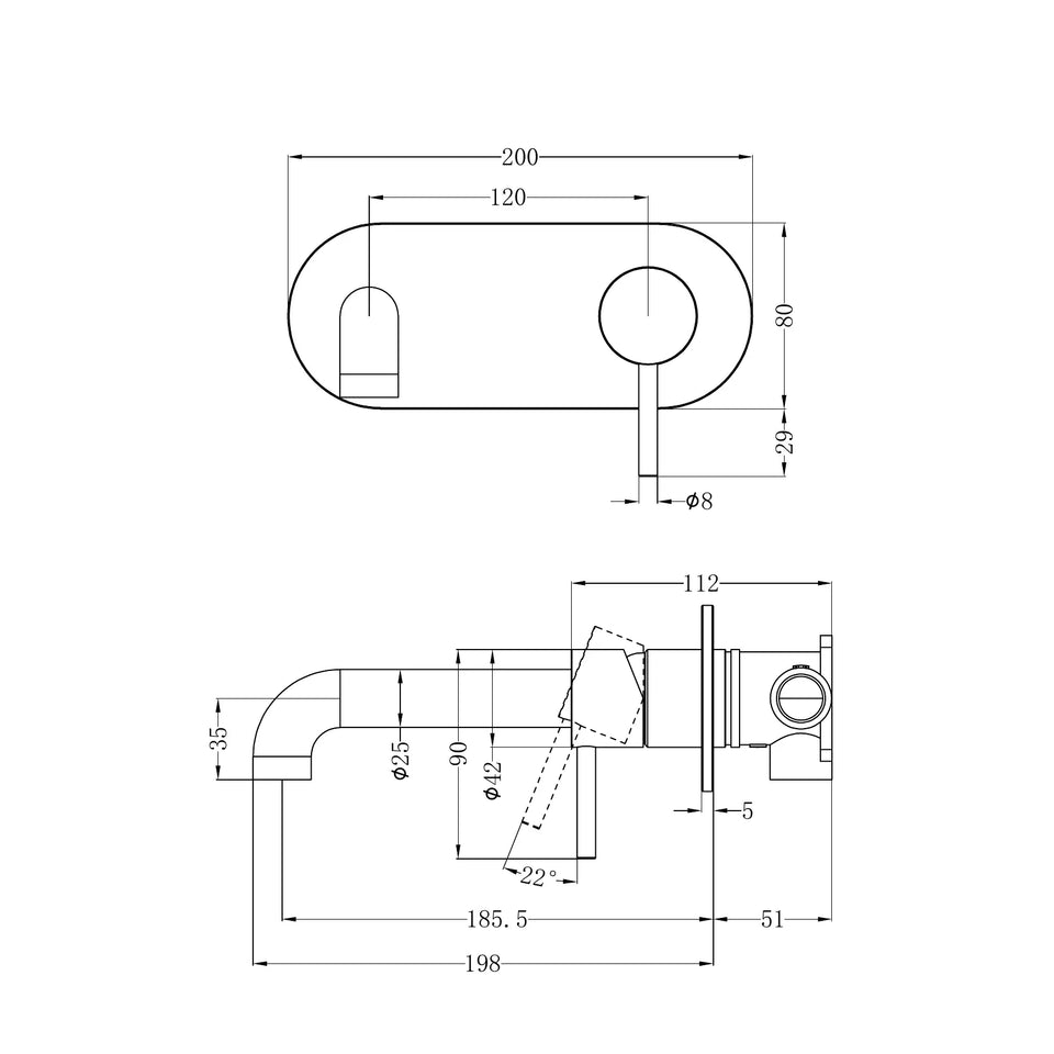 Nero Zen SS316L Wall Basin/Bath Mixer Set 185/230mm Spout