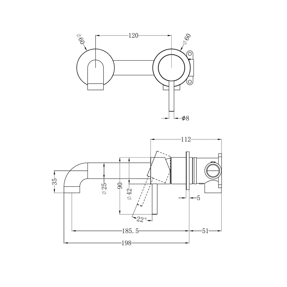 Nero Zen SS316L 185mm Wall Basin/Bath Mixer Separate Back Plate Spout technical drawing (NR162210B185)