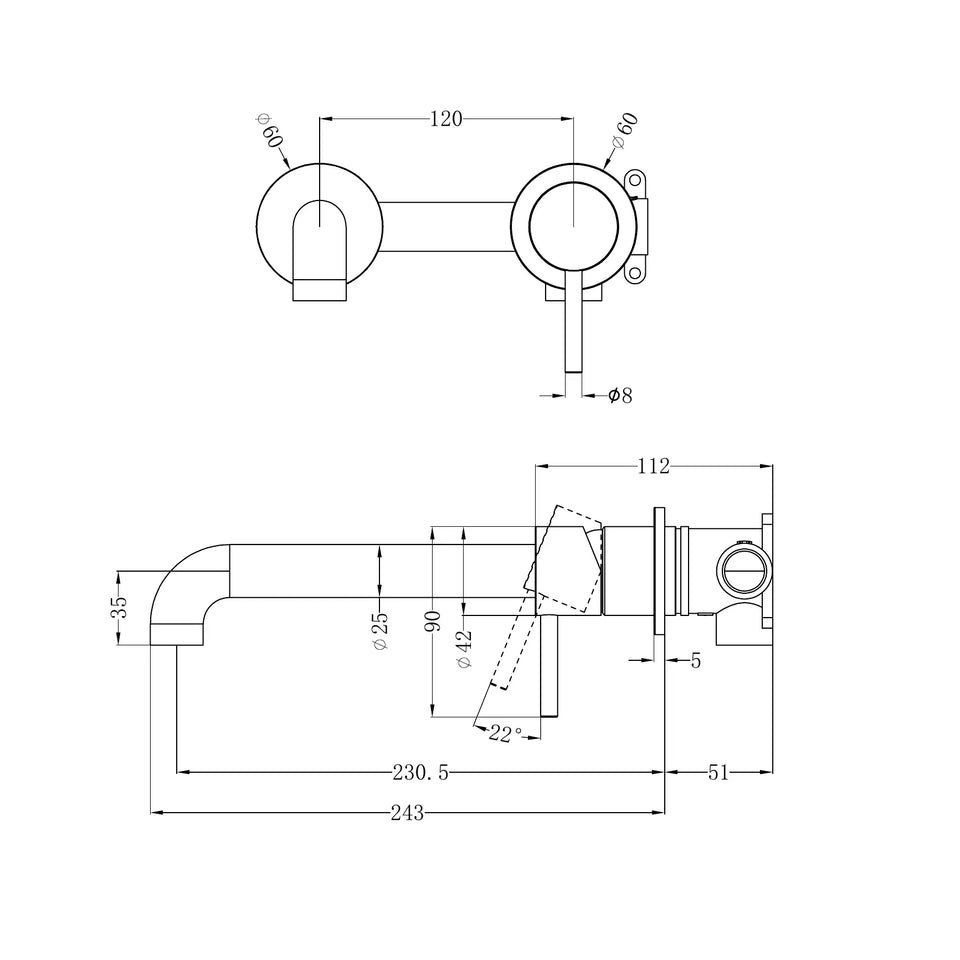 Nero Zen SS316L 230mm Wall Basin/Bath Mixer Separate Back Plate Spout technical drawing (NR162210B230)