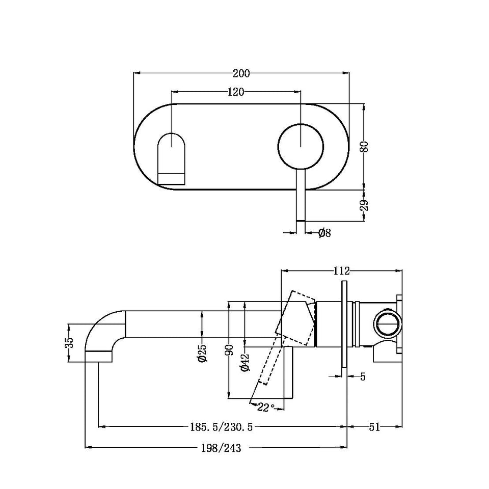 Nero Zen SS316L Wall Basin/Bath Mixer Set 185/230mm Spout