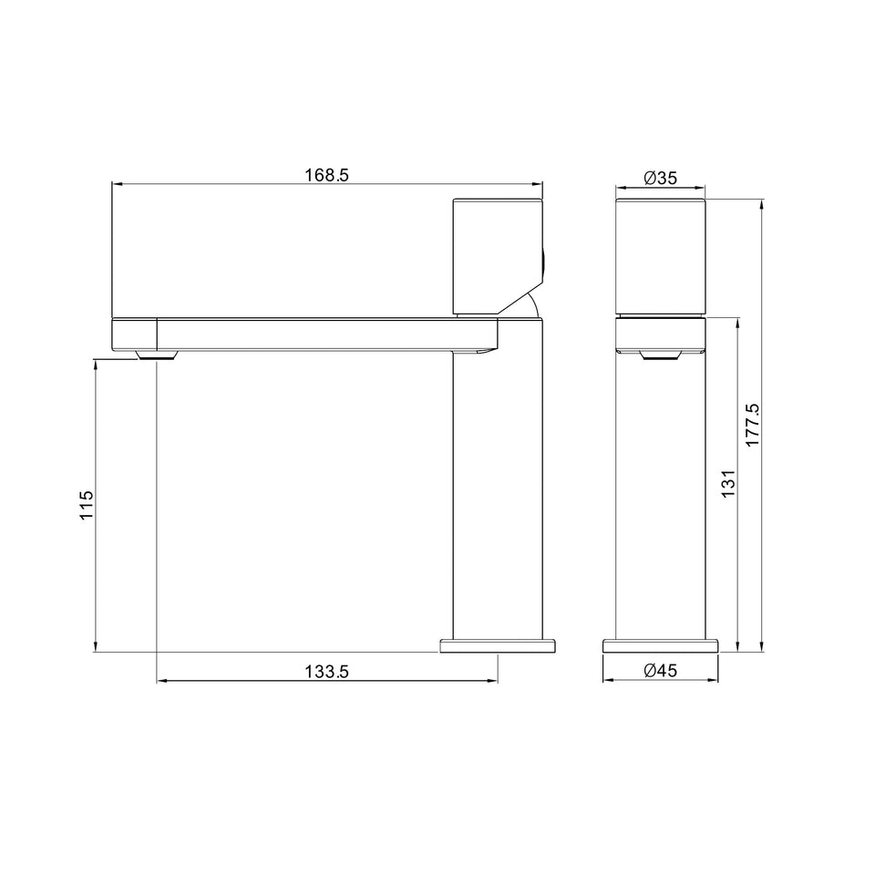Nero Pure SS316L Basin Mixer technical drawing (NR172201)