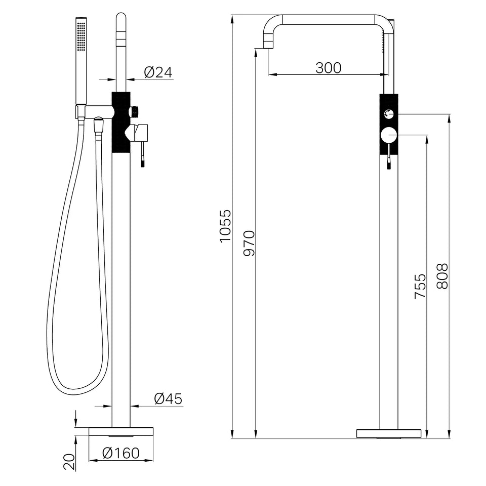 Nero Opal Freestanding Bath Mixer With Hand Shower technical drawing (NR251903A)