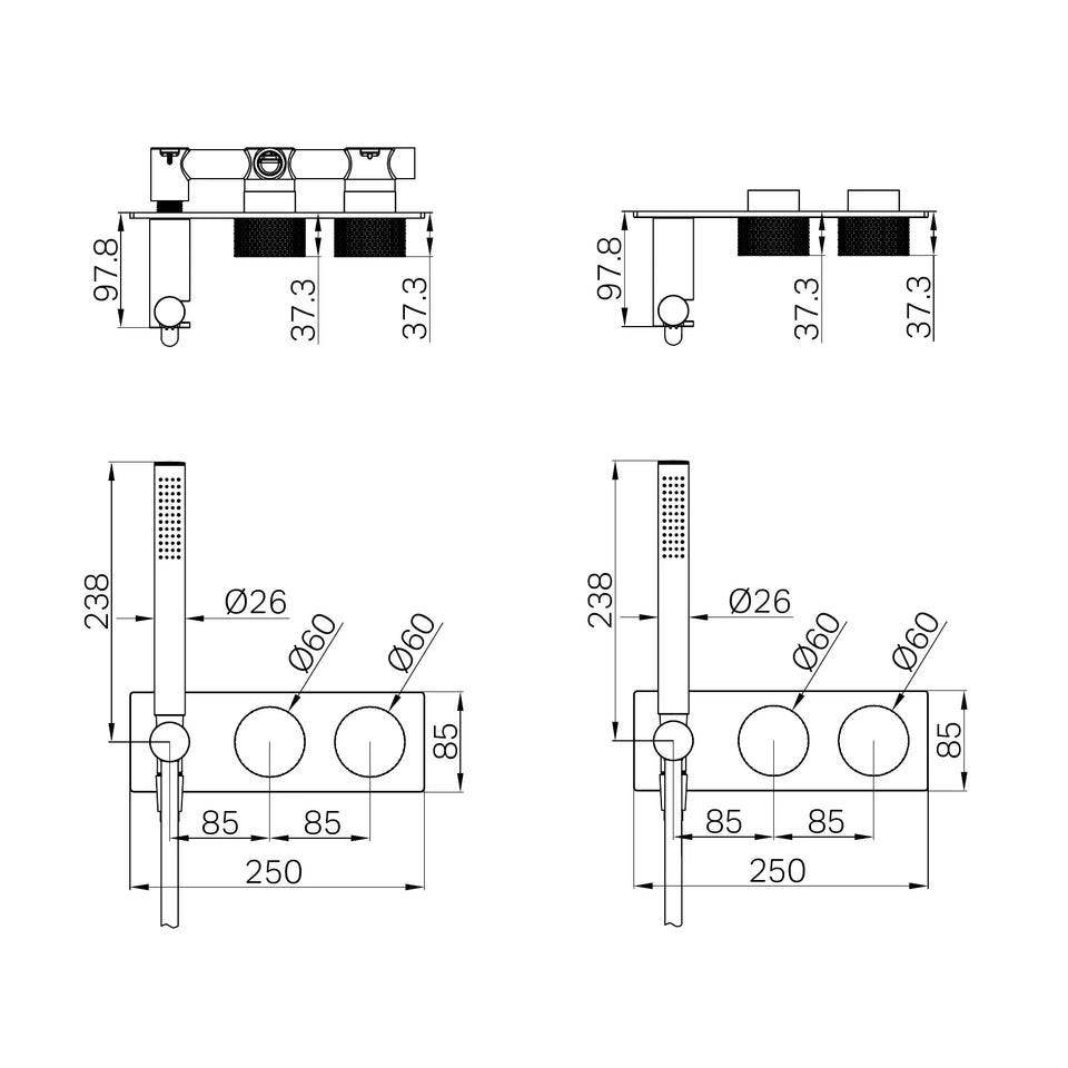 Nero Opal Progressive Shower System technical drawing (NR252003C)