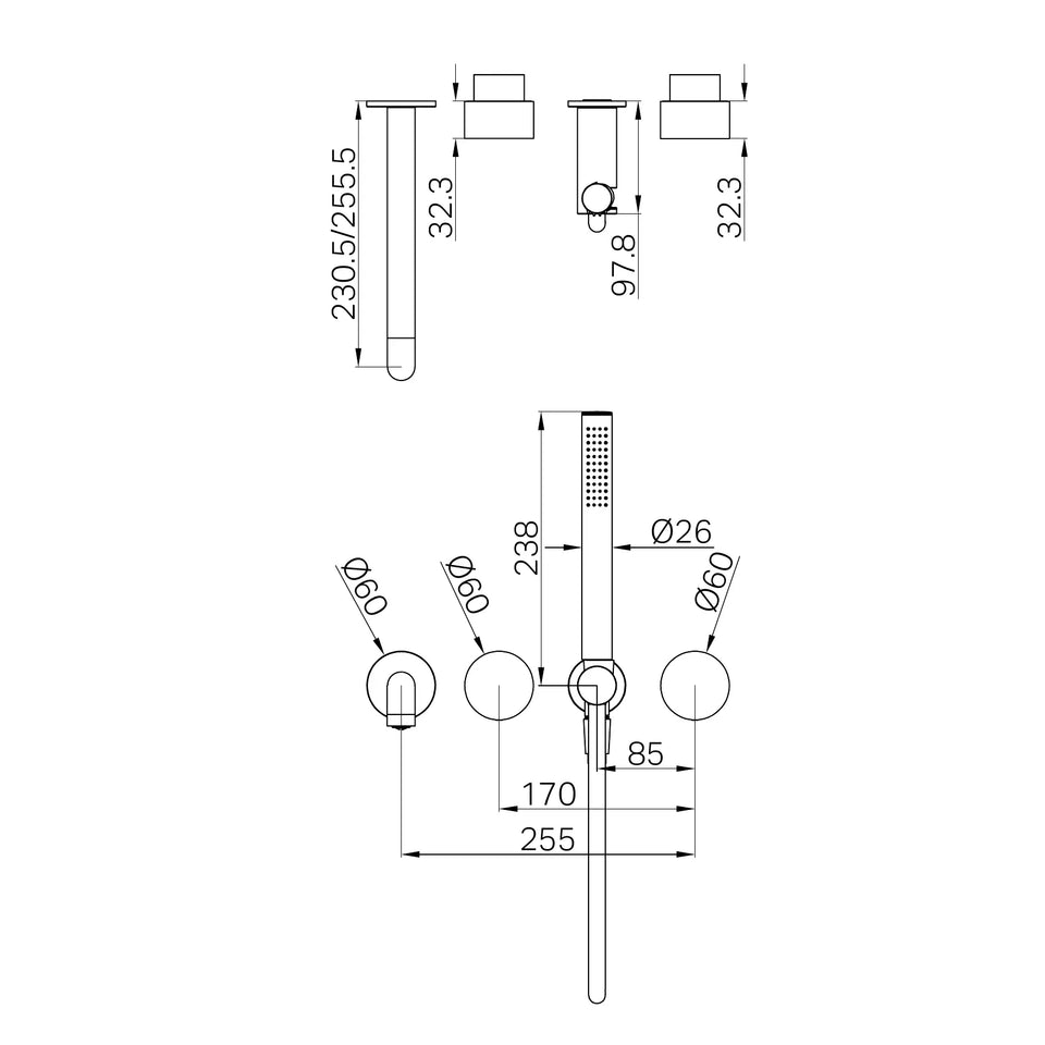 Nero Kara Progressive Shower System Separate Plate With Spout 230mm - Trim Kit technical drawing (NR271903B230T)
