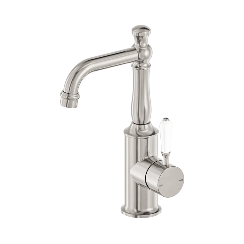 Nero York Basin Mixer With White Porcelain Lever - Brushed Nickel (NR69210101BN)