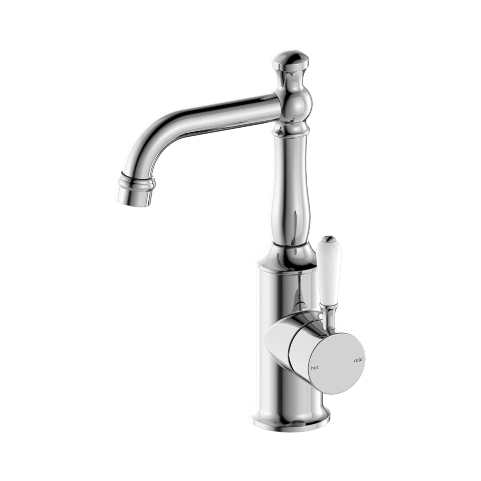 Nero York Basin Mixer With White Porcelain Lever - Chrome (NR69210101CH)