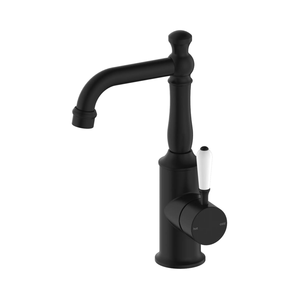 Nero York Basin Mixer With White Porcelain Lever - Matte Black (NR69210101MB)