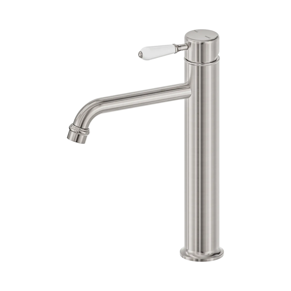 Nero York Straight Tall Basin Mixer With White Porcelain Lever - Brushed Nickel (NR692101a01BN)