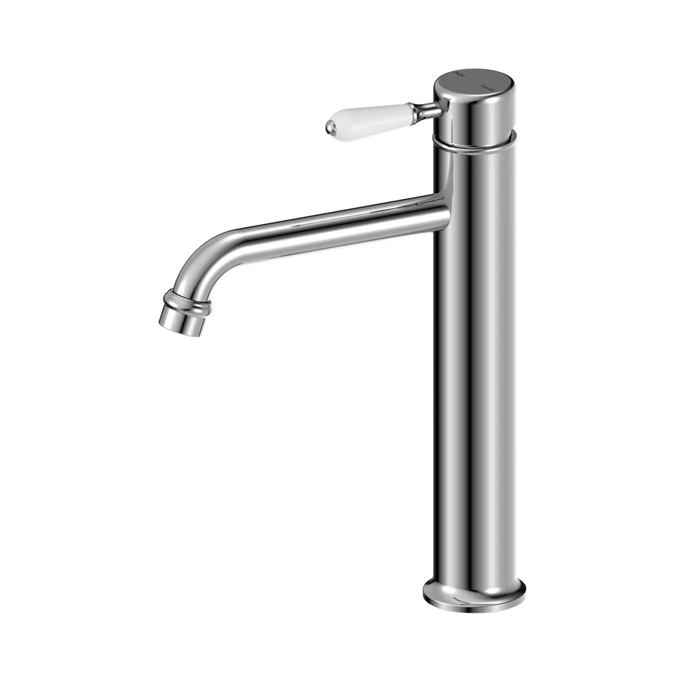 Nero York Straight Tall Basin Mixer With White Porcelain Lever - Chrome (NR692101a01CH)