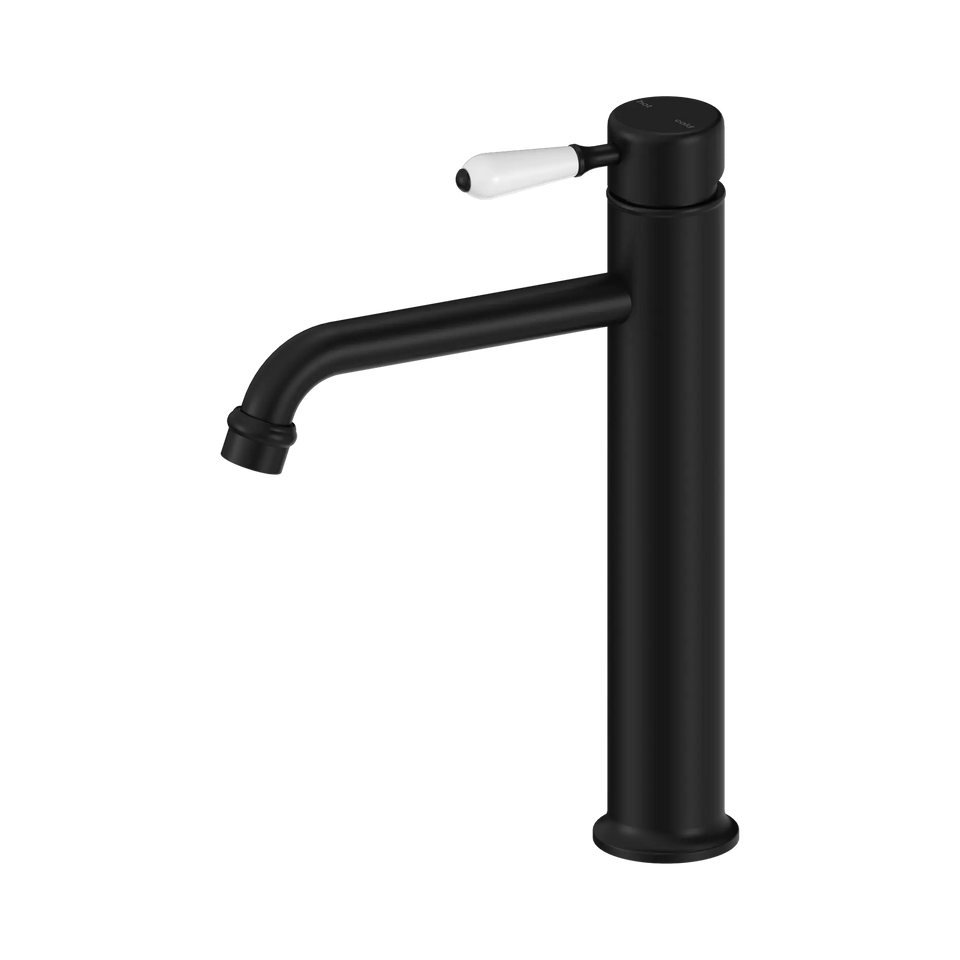 Nero York Straight Tall Basin Mixer With White Porcelain Lever - Matte Black (NR692101a01MB)