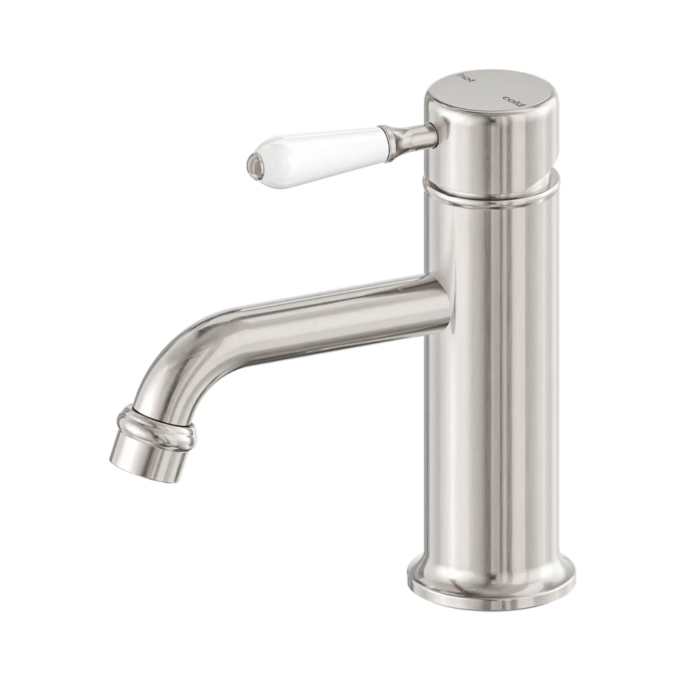 Nero York Straight Basin Mixer With White Porcelain Lever - Brushed Nickel (NR692101b01BN)
