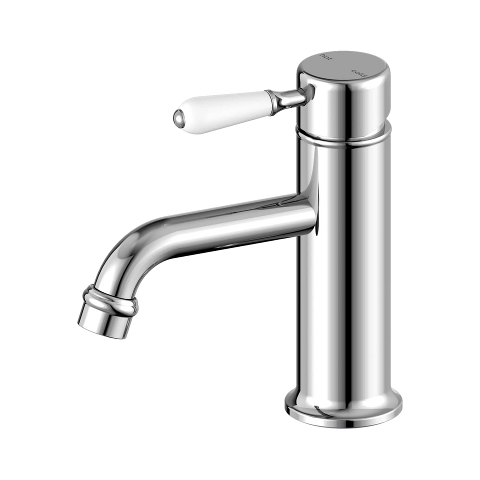 Nero York Straight Basin Mixer With White Porcelain Lever - Chrome (NR692101b01CH)
