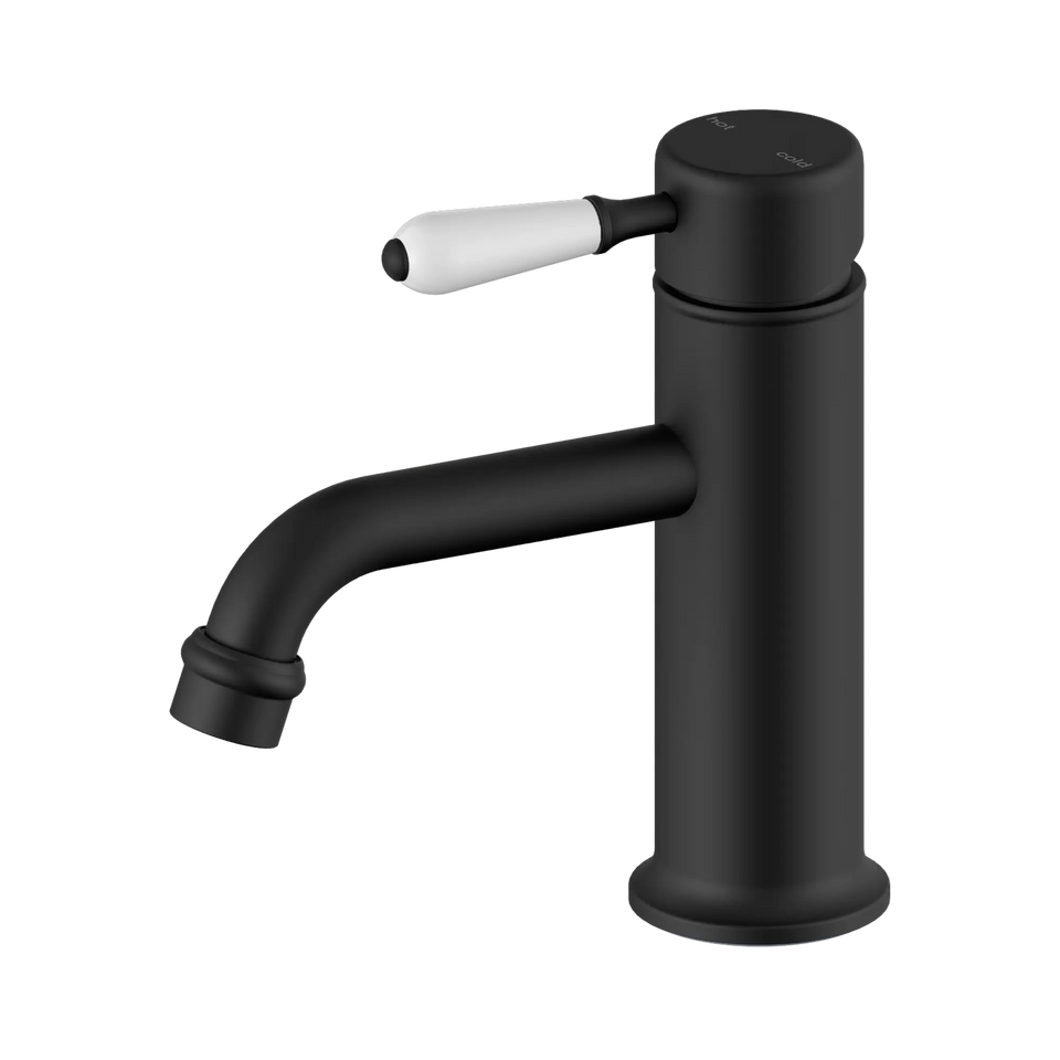 Nero York Straight Basin Mixer With White Porcelain Lever - Matte Black (NR692101b01MB)