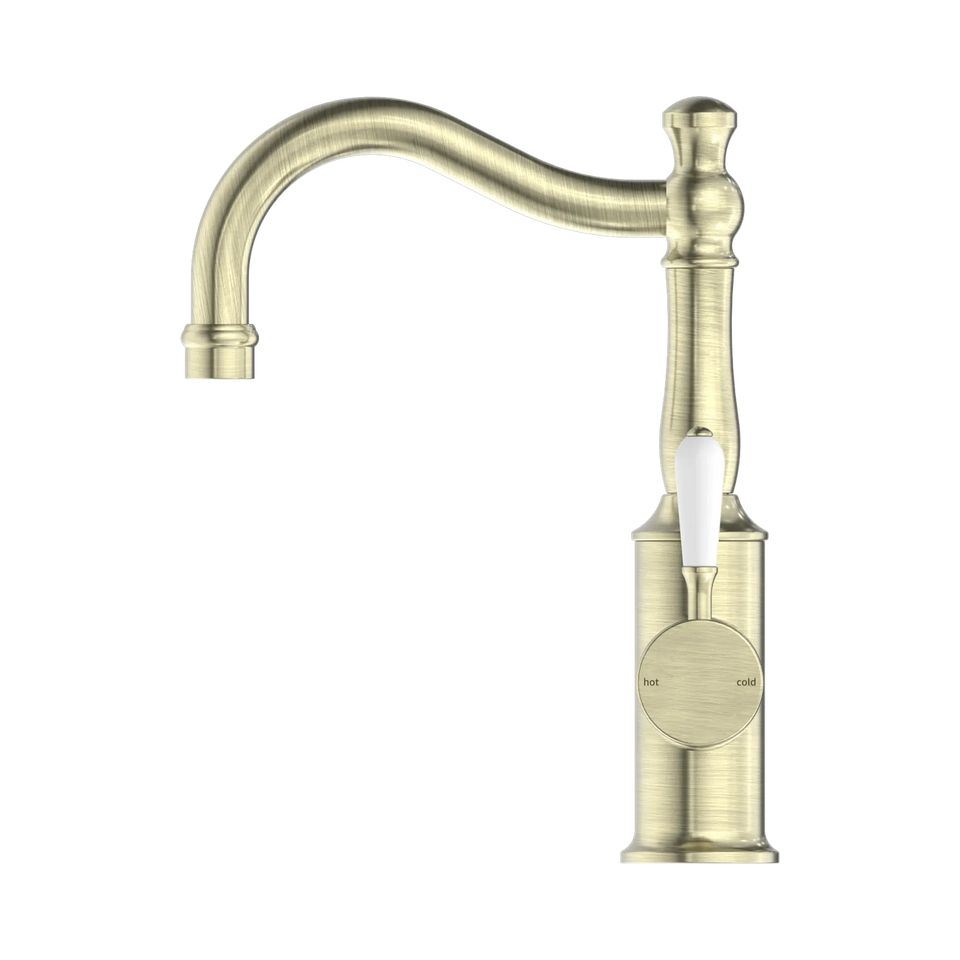 Nero York Basin Mixers Hook Spout with white porcelain lever handle