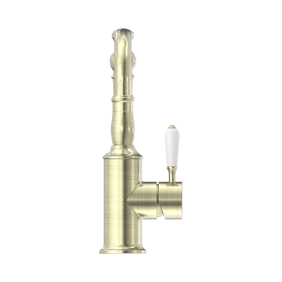 Nero York Basin Mixers Hook Spout with white porcelain lever handle