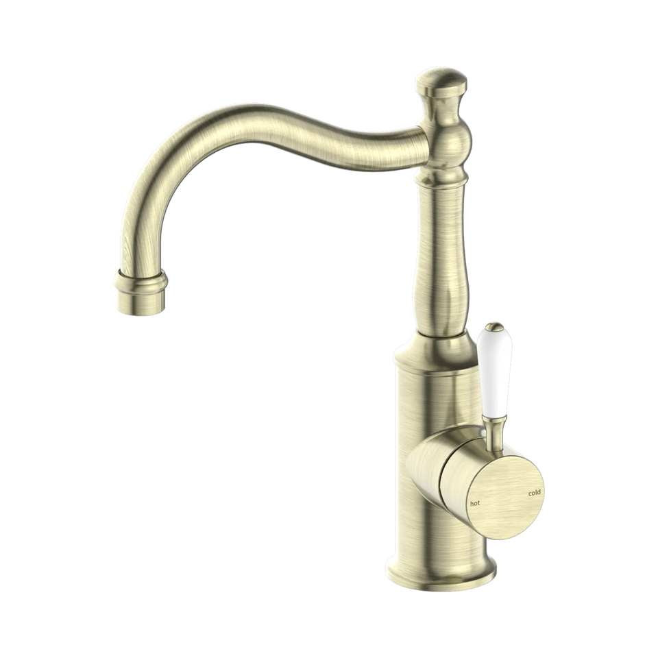 Nero York Basin Mixers Hook Spout with white porcelain lever handle