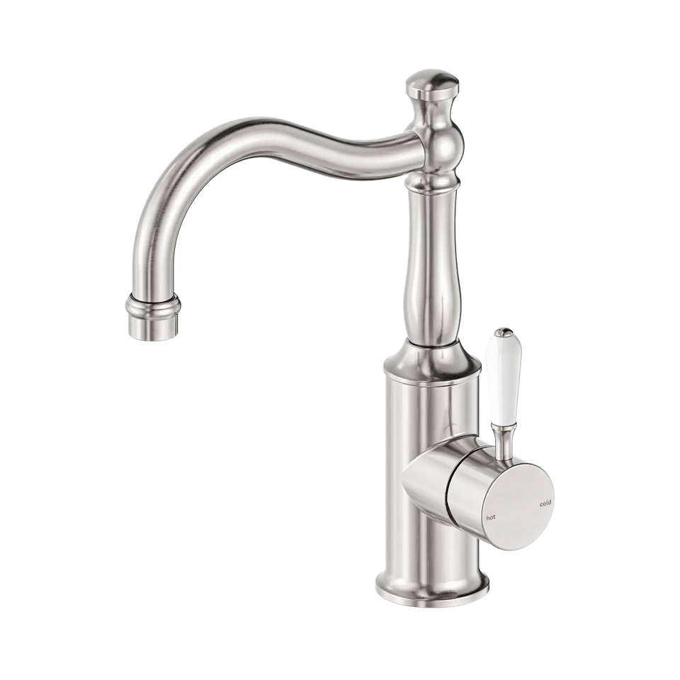 Nero York Basin Mixers Hook Spout with white porcelain lever handle - Brushed Nickel (NR69210201BN)
