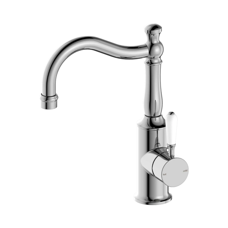 Nero York Basin Mixers Hook Spout with white porcelain lever handle - Chrome (NR69210201CH)