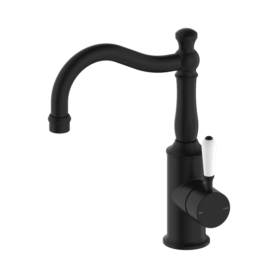 Nero York Basin Mixers Hook Spout with white porcelain lever handle - Matte Black (NR69210201MB)