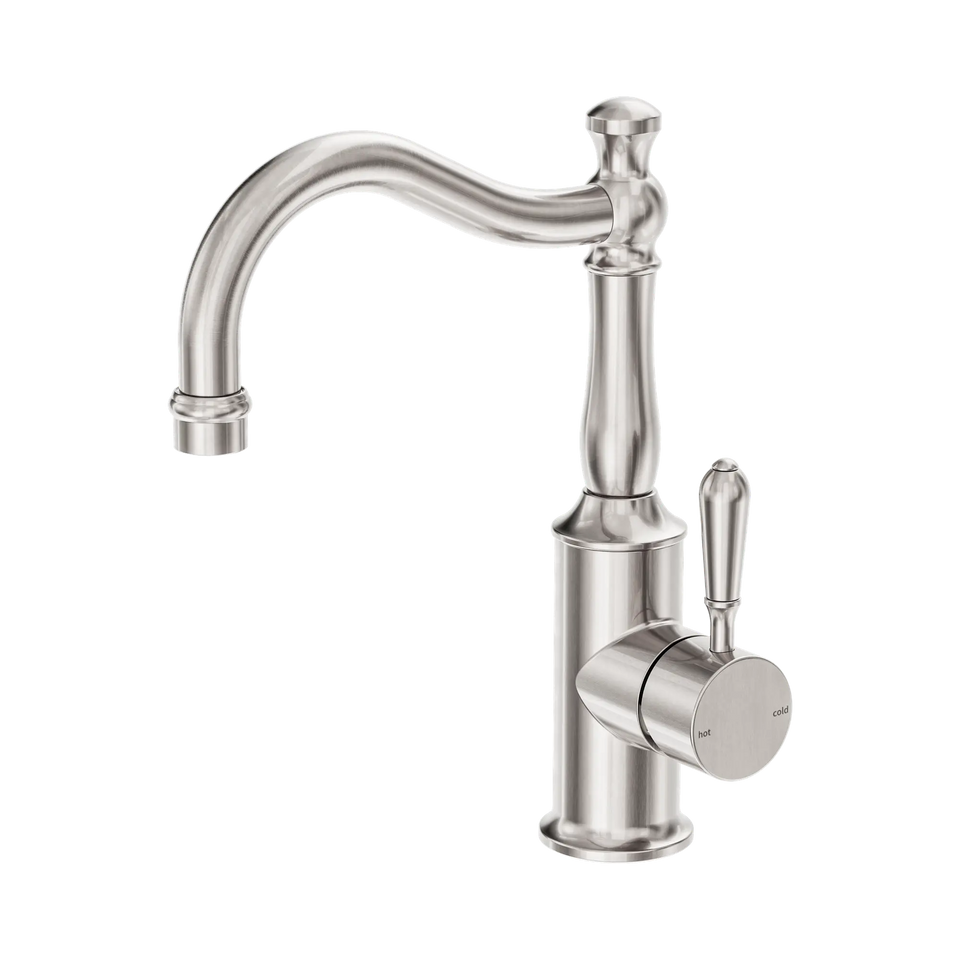 Nero York Basin Mixer Hook Spout with Metal Lever - Brushed Nickel (NR69210202BN)