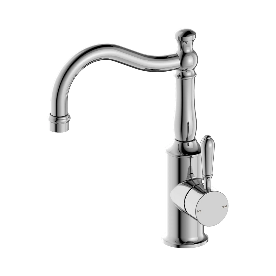 Nero York Basin Mixer Hook Spout with Metal Lever - Chrome (NR69210202CH)