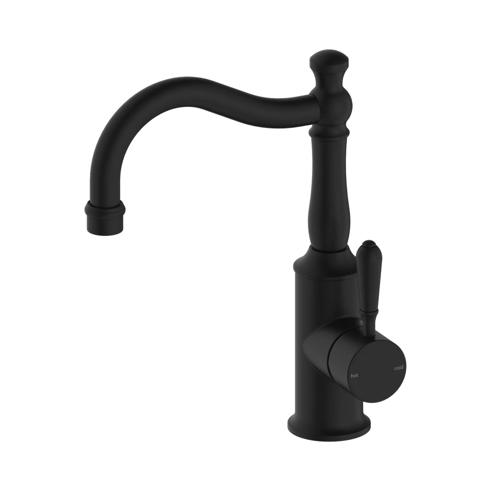 Nero York Basin Mixer Hook Spout with Metal Lever - Matte Black (NR69210202MB)