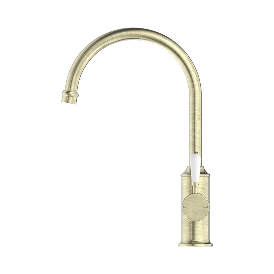 Nero York Kitchen Mixer Gooseneck Spout With White Porcelain Lever