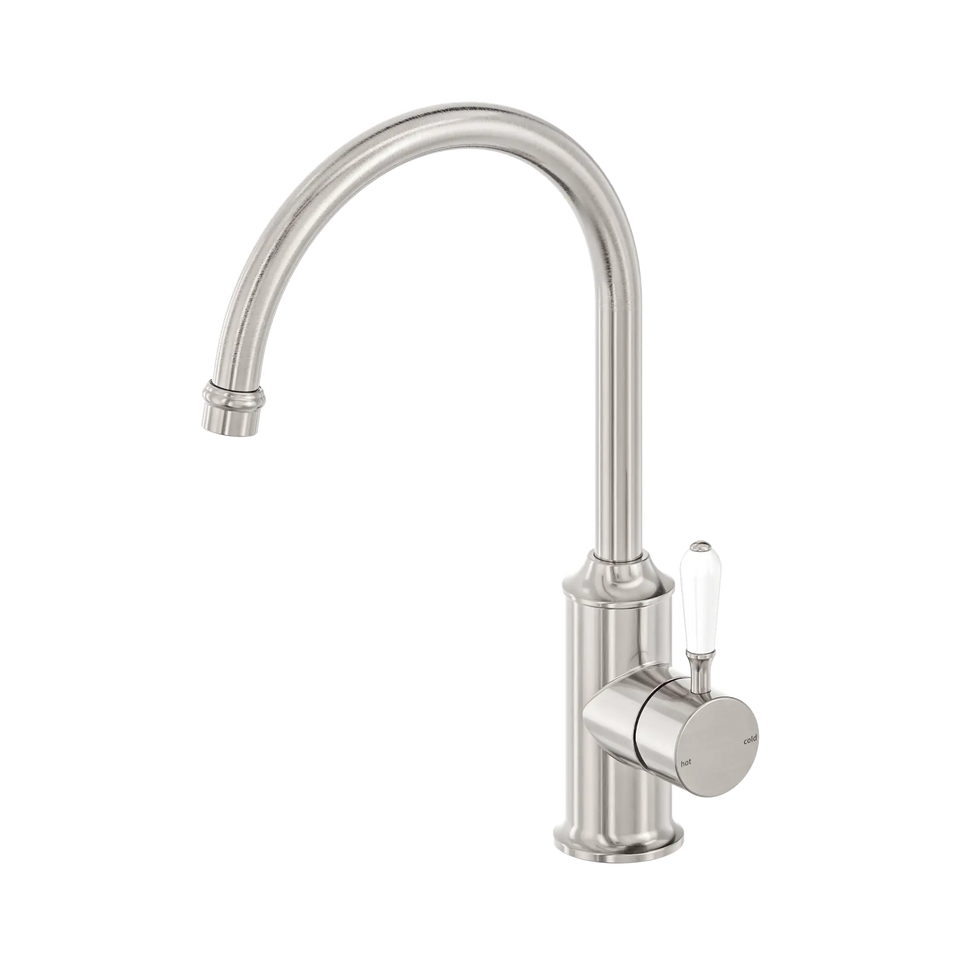 Nero York Kitchen Mixer Gooseneck Spout With White Porcelain Lever - Brushed Nickel (NR69210601BN)