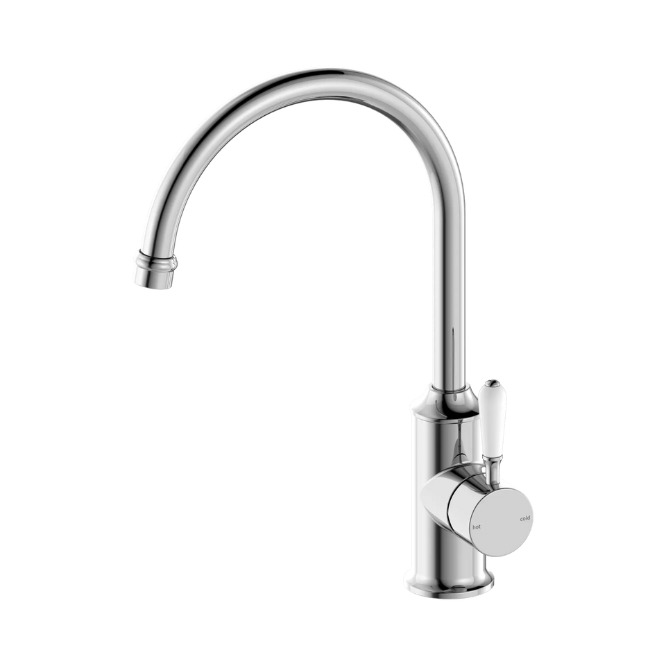 Nero York Kitchen Mixer Gooseneck Spout With White Porcelain Lever - Chrome (NR69210601CH)