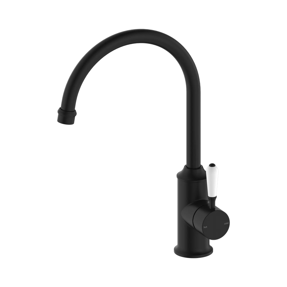 Nero York Kitchen Mixer Gooseneck Spout With White Porcelain Lever - Matte Black (NR69210601MB)