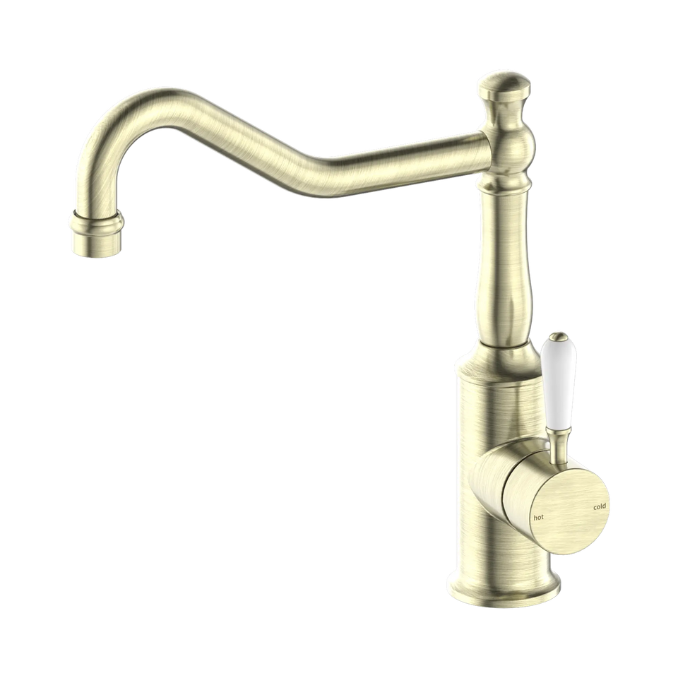 Nero York Kitchen Mixer Hook Spout With White Porcelain Lever