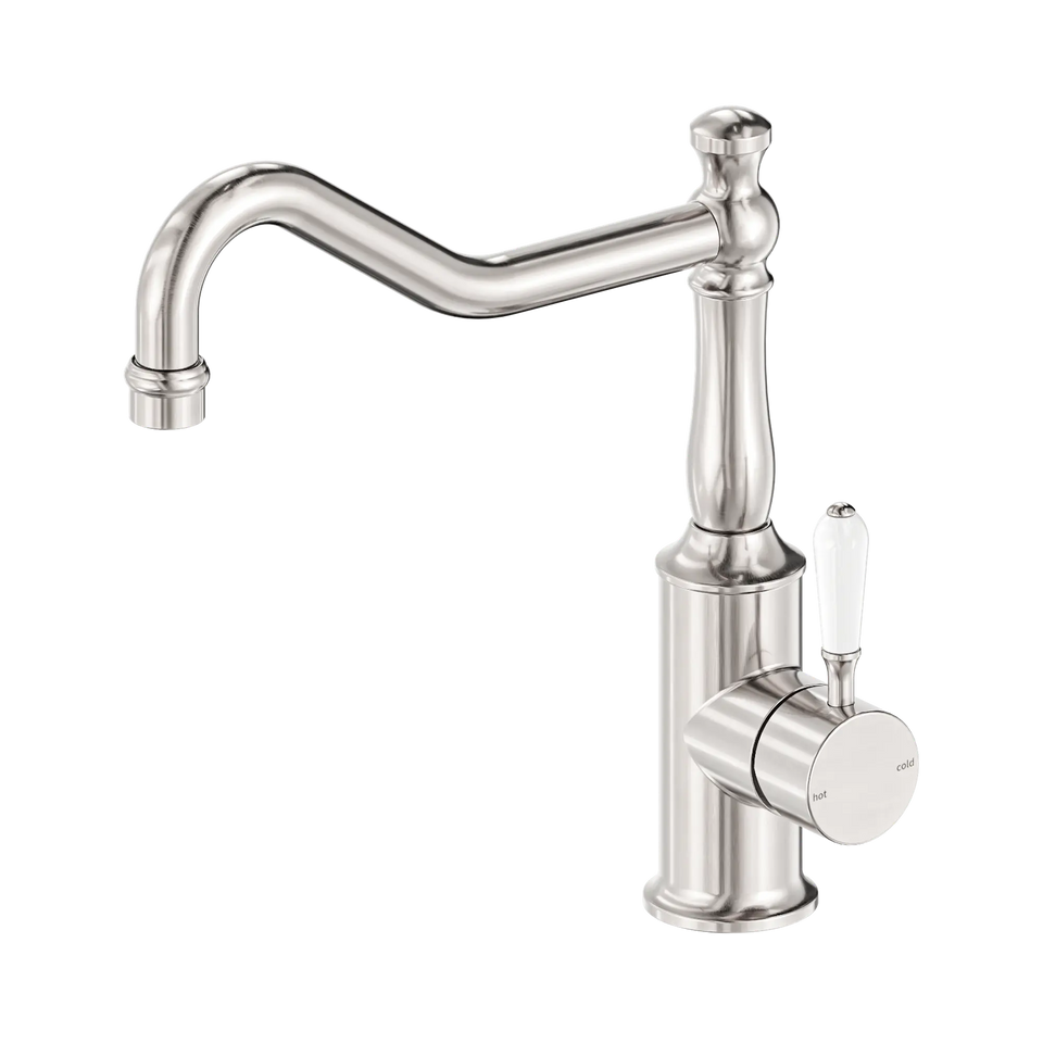 Nero York Kitchen Mixer Hook Spout With White Porcelain Lever - Brushed Nickel (NR69210701BN)