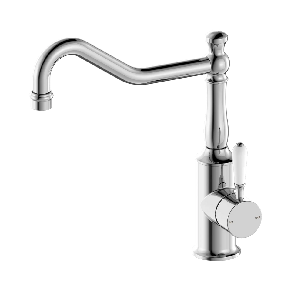 Nero York Kitchen Mixer Hook Spout With White Porcelain Lever - Chrome (NR69210701CH)