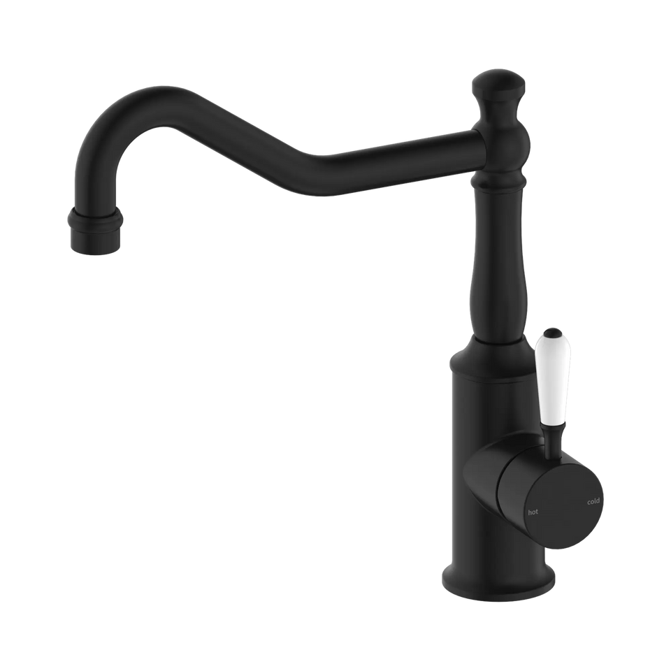Nero York Kitchen Mixer Hook Spout With White Porcelain Lever - Matte Black (NR69210701MB)