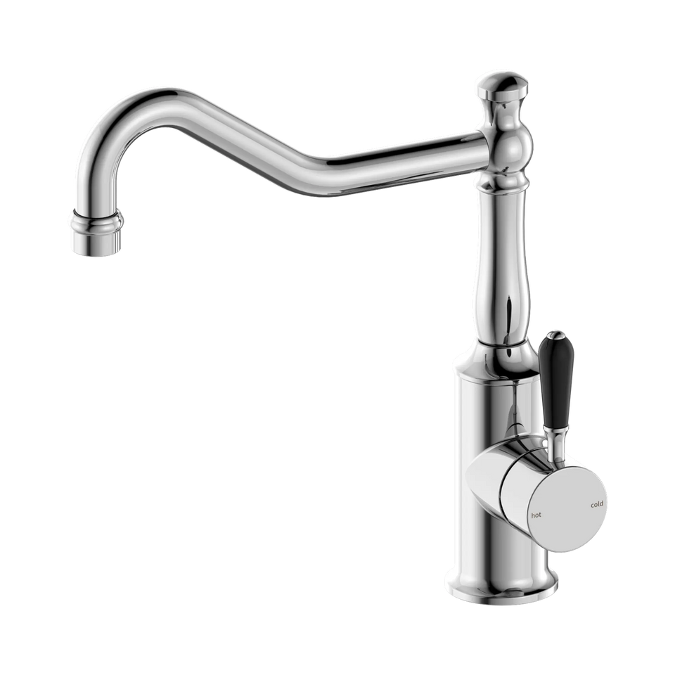 Nero York Kitchen Mixer Hook Spout With Black Porcelain Lever Chrome