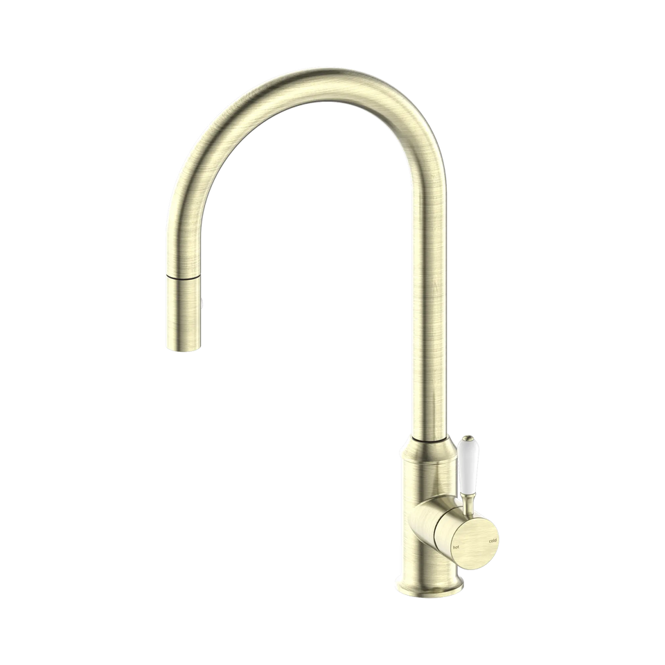 Nero York Federation Pull Out Sink Mixer With Vegie Spray Function With White Porcelain Lever