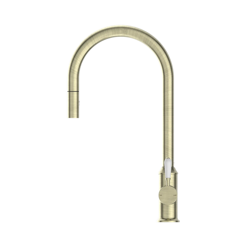 Nero York Federation Pull Out Sink Mixer With Vegie Spray Function With White Porcelain Lever