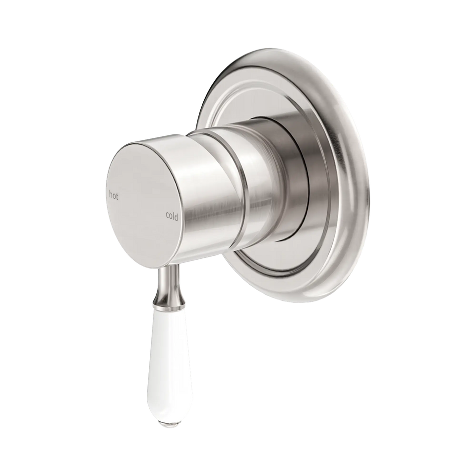 Nero Tapware York Federation Shower Mixer With White Porcelain Lever - Brushed Nickel (NR69210901BN)