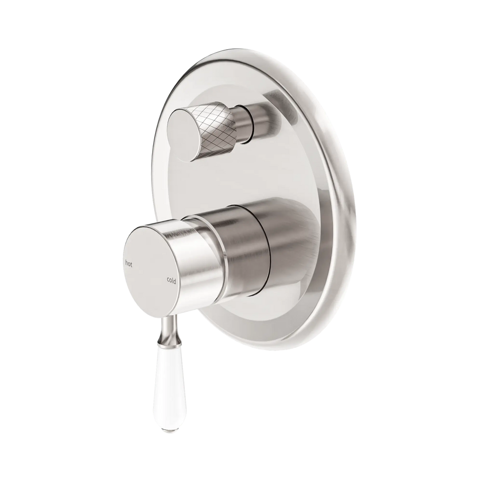 Nero York Shower Mixer with Divertor with White Porcelain Lever - Brushed Nickel (NR692109A01BN)