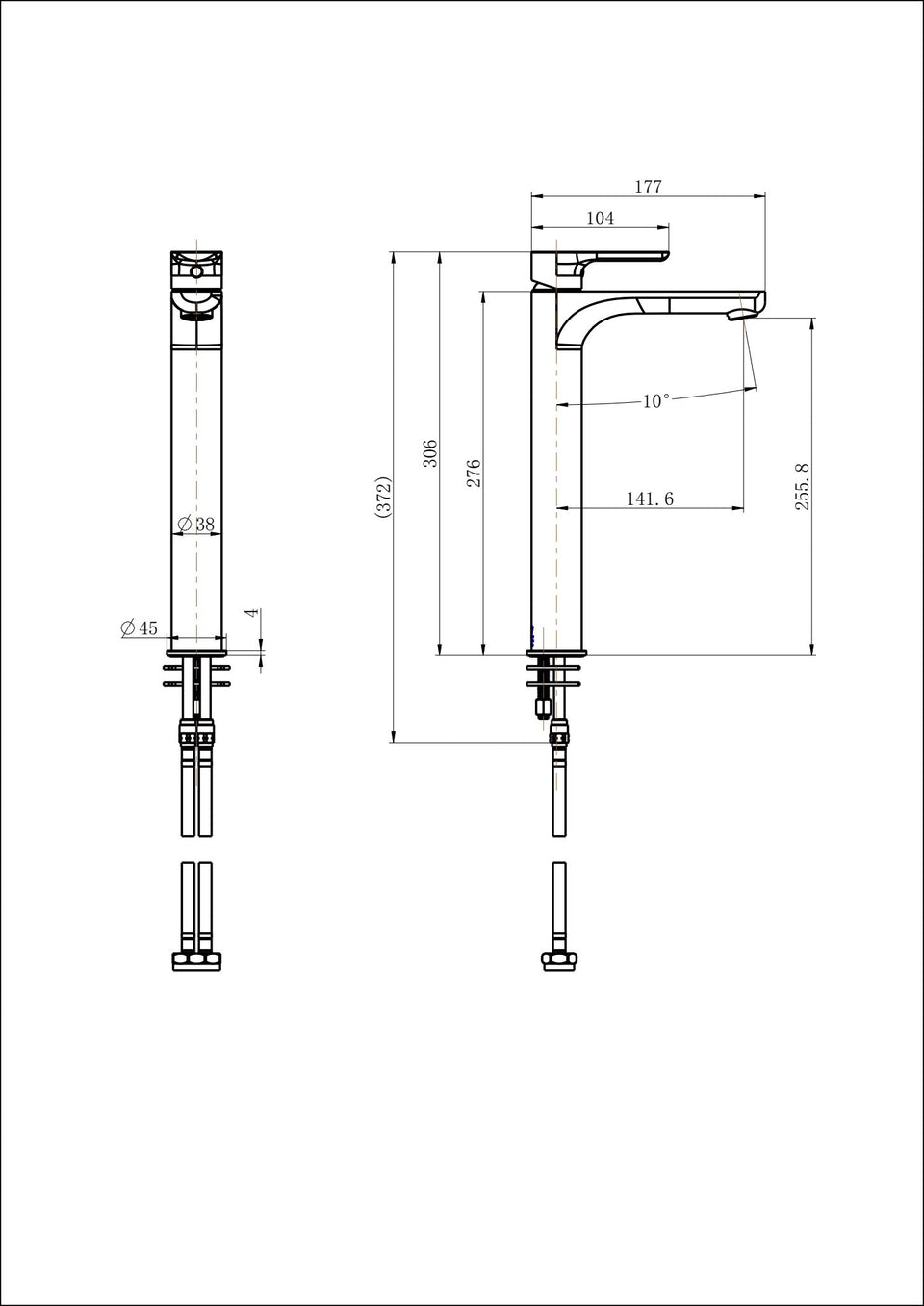 Modern National Nova High Rise Basin Mixer technical drawing (NVA002BK)