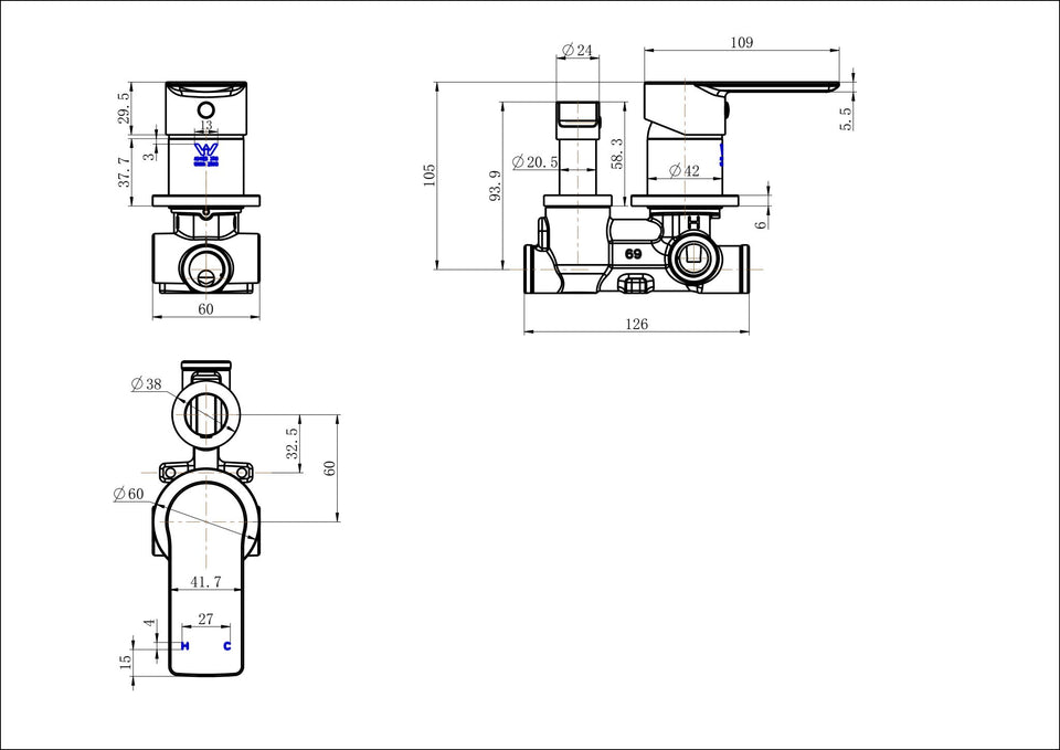 Modern National Nova Shower Diverter technical drawing (NVA009BK)