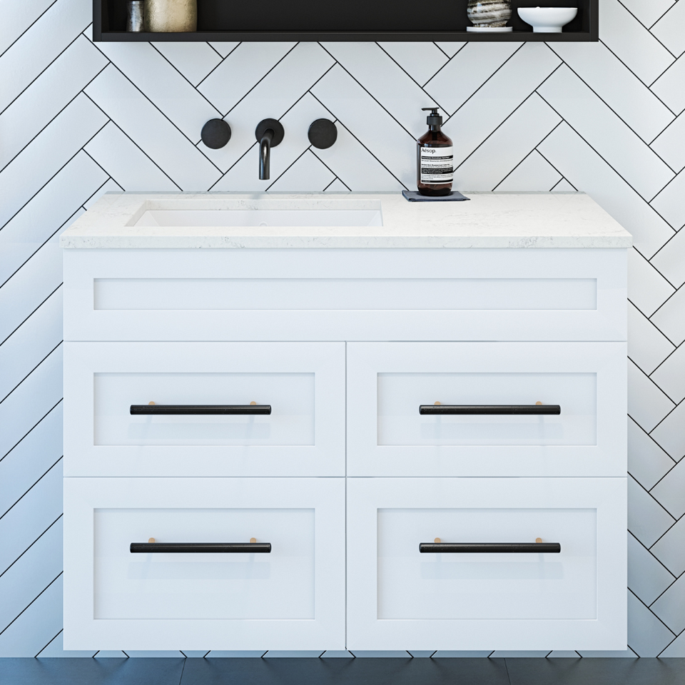 Rifco - Newport Wall Hung Vanity Caesarstone Top with Under Mount Basin, Shaker Drawers