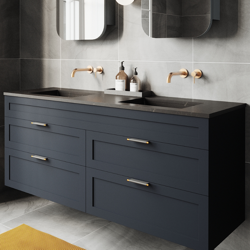 Rifco - Newport Wall Hung Vanity Caesarstone Top with Under Mount Basin, Shaker Drawers