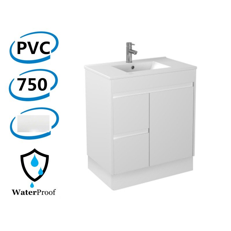 750x460x880mm Bathroom Vanity Kickboard White PVC Ceramic Top /Poly top Freestanding Left Hand Side Drawers Polyurethane Cabinet