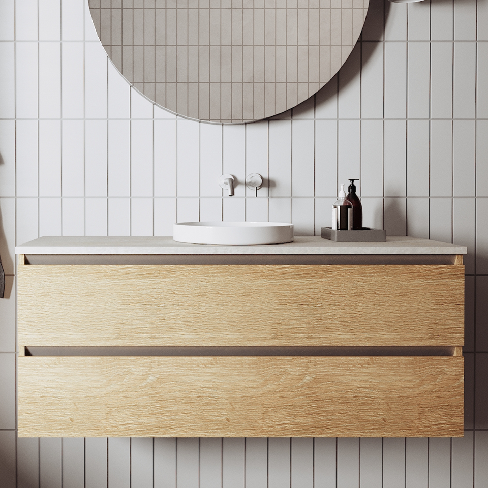 Rifco - Platinum Double Drawer Wall Hung Vanity Timber Top with Above Counter Ceramic Basin